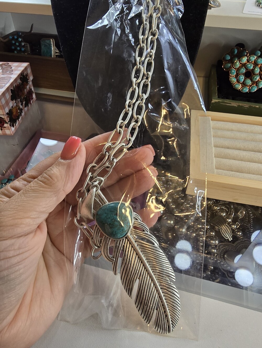 34" Faux Silver Feather Necklace with Turquoise Stone